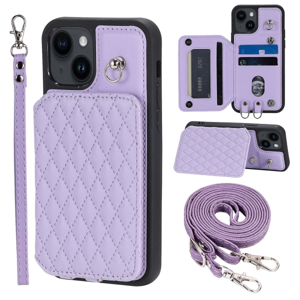 För Iphone 15 Plus Rfid Blockering Stötsäkert case Anti-drop Pu+tpu telefonskal med remmar Purple