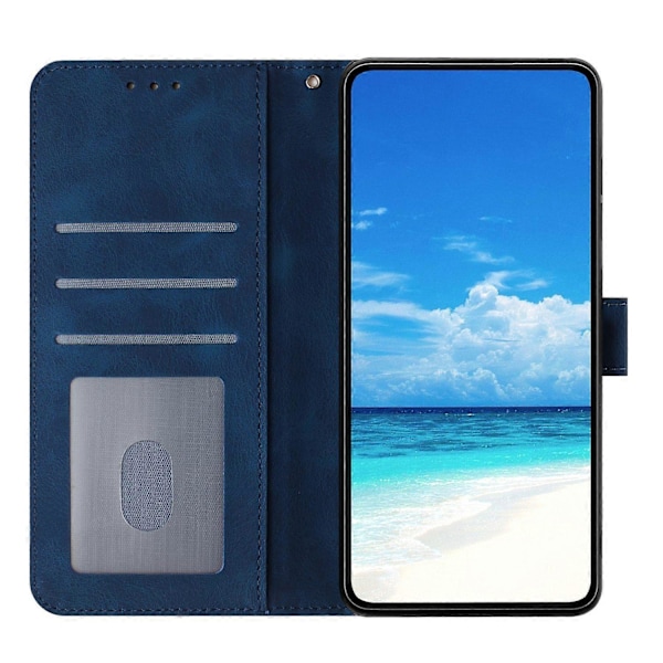 For iPhone 16e Wallet Case Rose Mønster Præget Læder Flip Stand Telefon Cover Multicolor Dark Blue