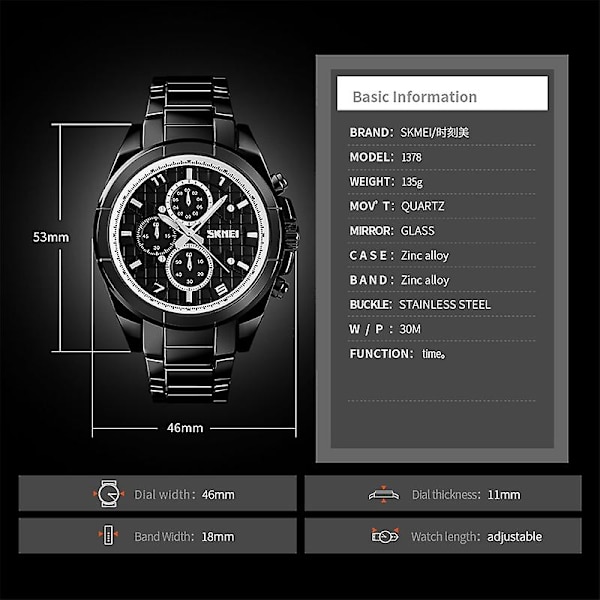 Skmei 1378 30m Vattentät Metall Quartz Watch Svart Blå Blue