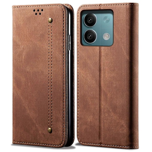 Læder Wallet Case med Jeansstoftekstur og Stødsikkert TPU-skjold til Xiaomi Redmi Note 13 4G Multicolor Coffee