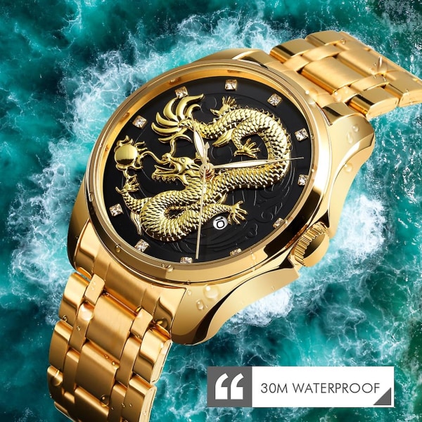 Skmei 9193 Men Golden Dragon Pattern Dial Quartz Watch Gold Black