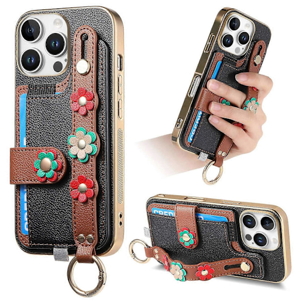 W2 iPhone 16 Pro -kotelo korttipidikkeellä, nahkainen takakansi, 3D-kukka rannekoru - Vihreä Multicolor Black