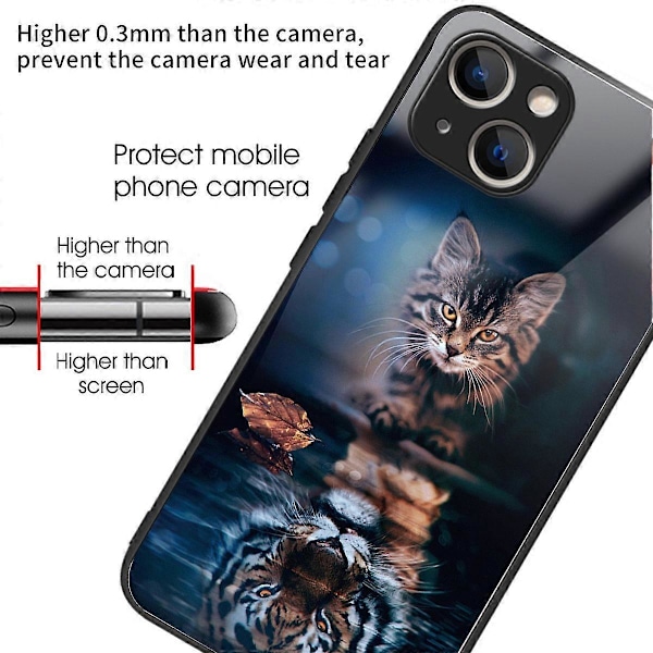 Telefoncover til iPhone 15 med mønsterdesign, ridsefast bagside af hærdet glas Multicolor Cat and Tiger
