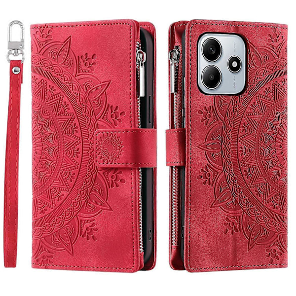 Style 006 til Xiaomi Redmi Note 14 5G Wallet Case PU Læder Telefon Cover Mandala Blomster Mønster - Grå Multicolor Red