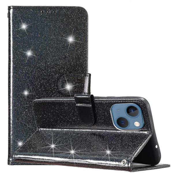 Glittrigt PU-läderfodral med folio flip plånboksstativ för iPhone 14 Plus Multicolor Style A