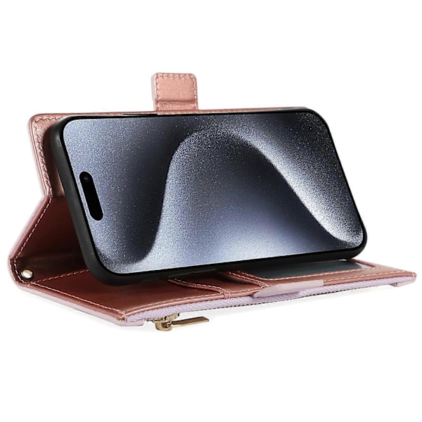 For iPhone 15 Pro Deksel Litchi Tekstur Glidelåslomme Anti-fall Lærdeksel med Stropp Multicolor Style C