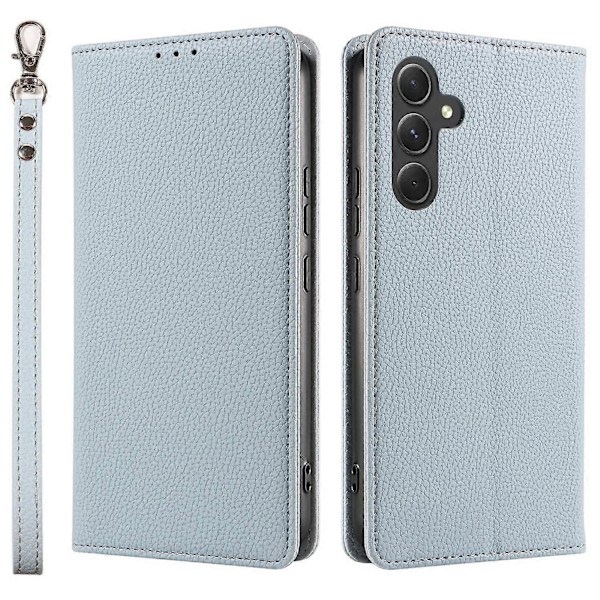 Til Samsung Galaxy A26 5G Etui Magnetisk Litchi Tekstur Tegnebog Læder Telefon Cover med Håndledsrem Multicolor Baby Blue