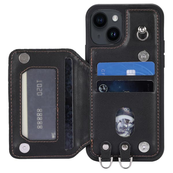 For iPhone 15 Plus RFID-blokkerende deksel, fallsikkert PU+TPU-telefondeksel med håndleddsstropp Black