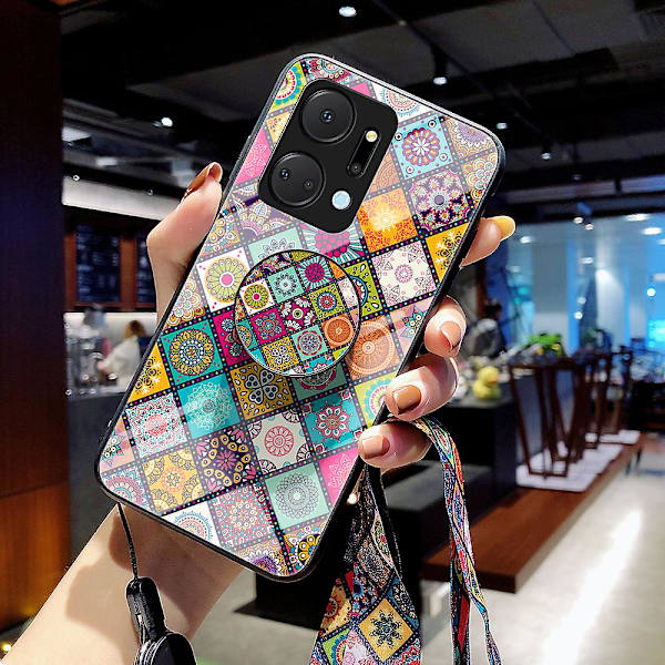 Kukkakuvioinen puhelinkotelo Honor X7a 5g:lle, jalustallinen PC+TPU+karkaistu lasi -puhelinkuori kaulanauhalla Checkered Pattern