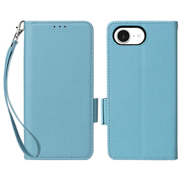 Etui til iPhone 16e med håndledsrem, litchi-tekstur, PU-læder, tegnebog, telefoncover Multicolor Baby Blue