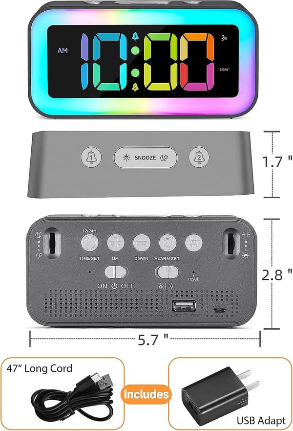 Hög väckarklocka för sovrum med dynamiskt RGB nattljus, tunga sovande vuxna, dubbla Silver Gray