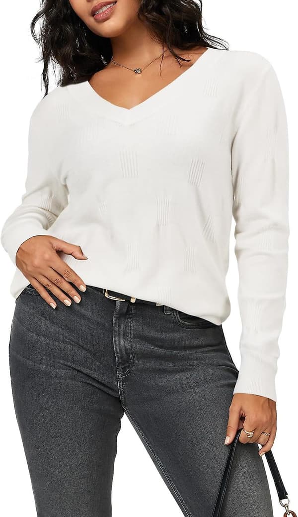 Dammode höstmode 2023 V-ringad Långärmad tröja Stickad Casual tröja Toppar Mysiga moln Off-white Medium