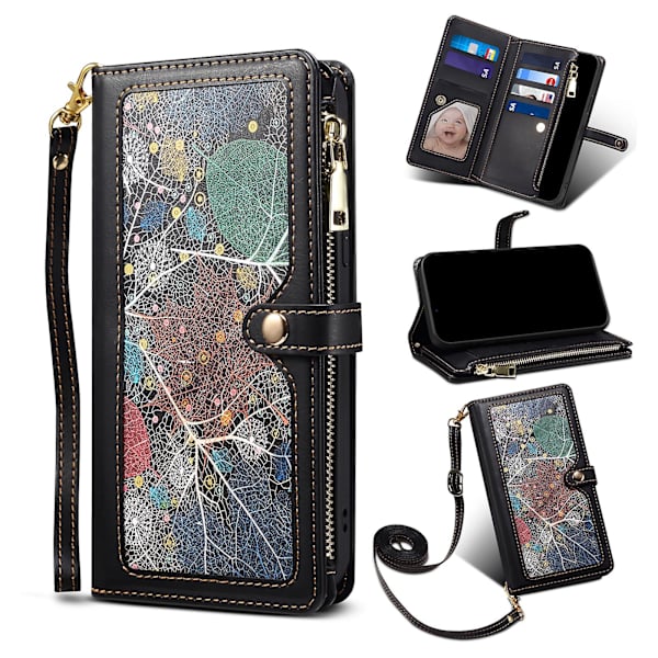 Rfid-blokerende telefoncover til Iphone 15 Pro Max, lynlåslomme Pu-læder Stand Wallet Cover Black
