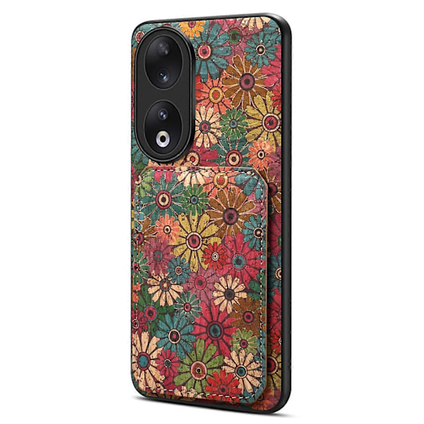 Blommönstrat Läderfodral med Korthållare och Stödfunktion Stöttåligt Skal för Honor 90 Multicolor Spring/Green