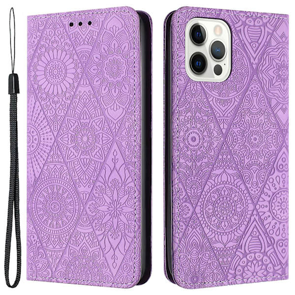 Wallet Case til iPhone 15 Pro Max PU Læder Retro Blomsterpræget Stand Telefon Cover Purple