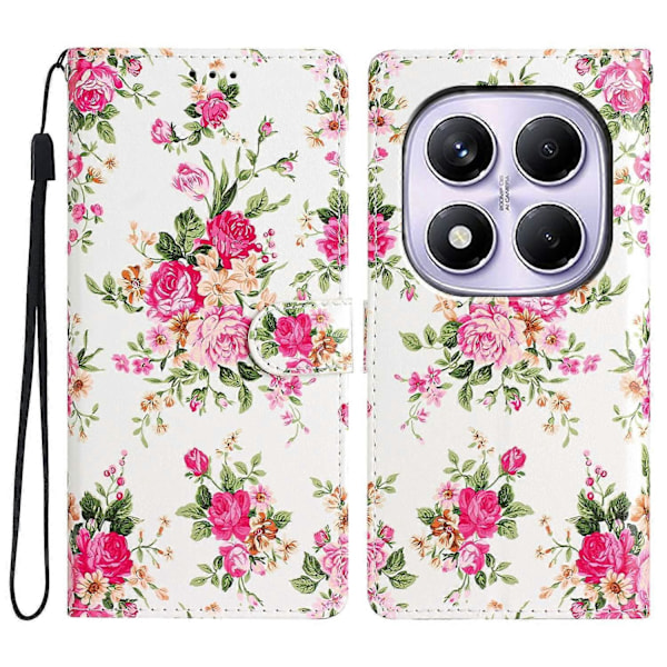 Pung etui i PU-læder med mønstertryk og stativ til Xiaomi Redmi Note 14 Pro 4G med rem Multicolor Red Flowers