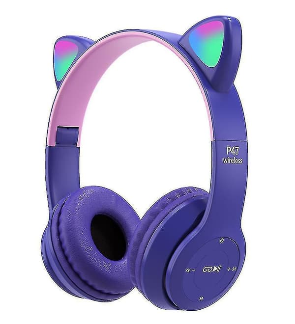 Cartoon Cat Ears Rgb Luminous Bluetooth Headset, Foldable Grey