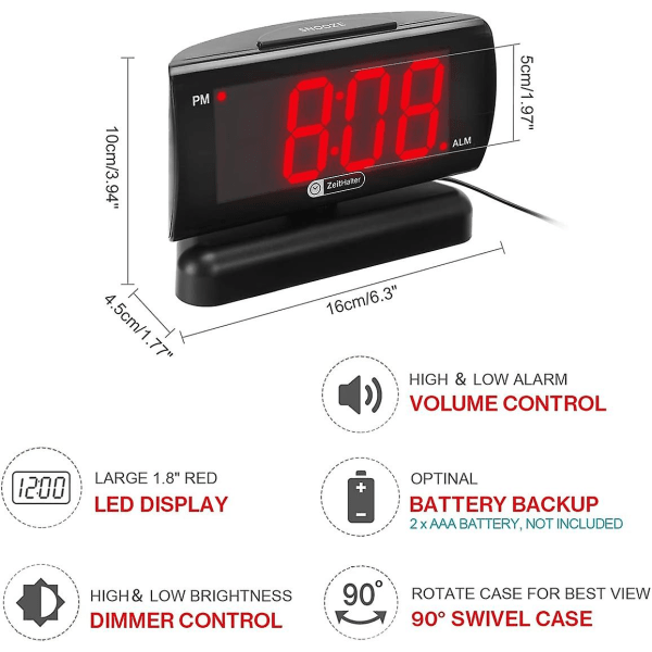 Väckarklocka för sovrum 5" stor led digital klocka för seniorer, dimbara enkla väckarklockor för sovrum, volymjusterbar/snooze/batteribackup/swi