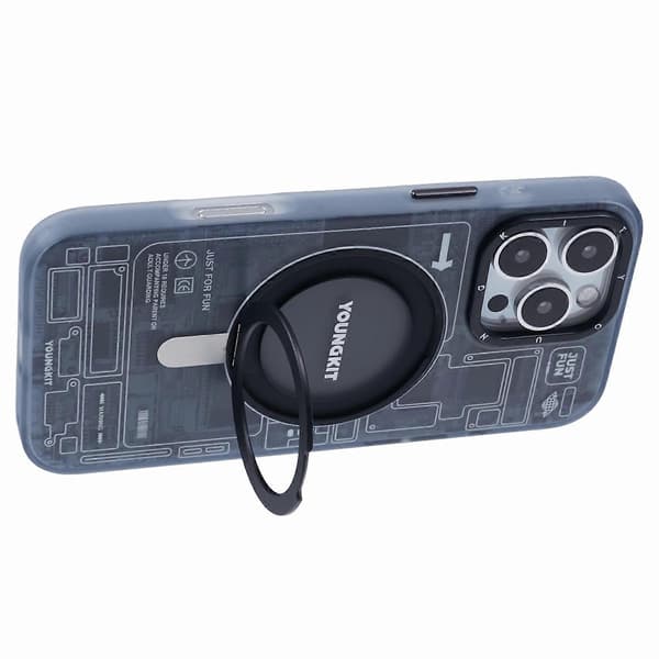 YOUNGKIT Technology Series deksel til iPhone 16 Pro Max med magnetisk støtte IMD PC+TPU telefondeksel - Grå Multicolor Black