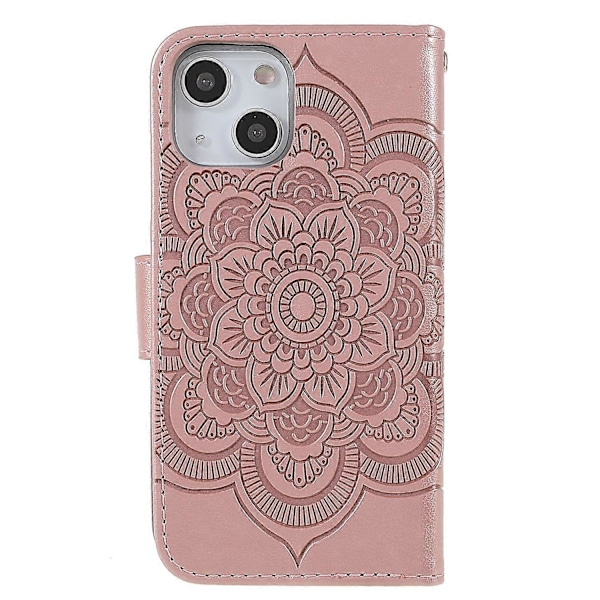 Präglad Mandala Blomma PU Läder Telefonställ Skydd Plånboksfodral med Rem för iPhone 13 6.1 tum Multicolor Style E