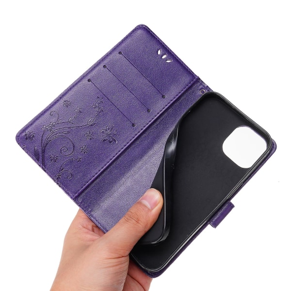 För Iphone 15 Plus Pu Läder Cover Phone case Imprinted Butterflies Shell Stand with rem Dark Purple