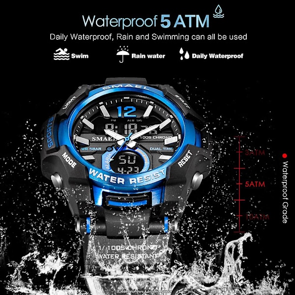 Smael Dual Time Army -urheilukello miehille, valoisa, vedenpitävä kvartsi digitaalinen rannekello herätyskellolla ja LED-taustavalolla sekä kalenterilla 1805 Black-Box