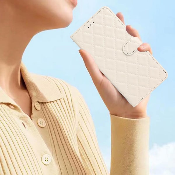 Stødsikkert Rhombus Syning Læder Etui med Pung og Støttefod til iPhone 15 Pro White