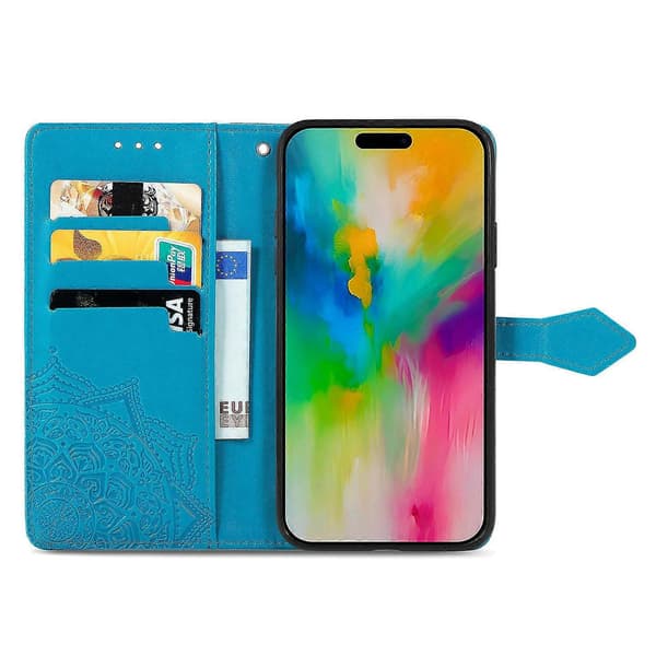 Til iPhone 16 Pro Max Wallet Case Mandala Blomst Læder Telefon Cover Stativ View-Grøn Multicolor Blue