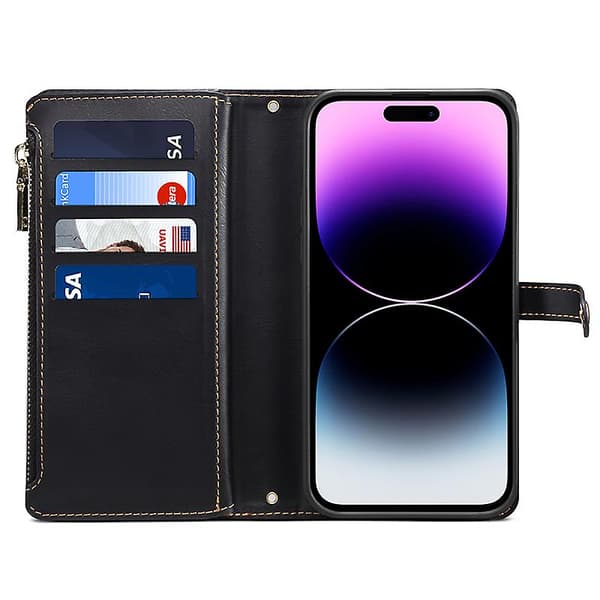 Rfid Blockerande Case För Iphone 15 Pro, Pu Läderställ Blixtlåsficka Cover Black