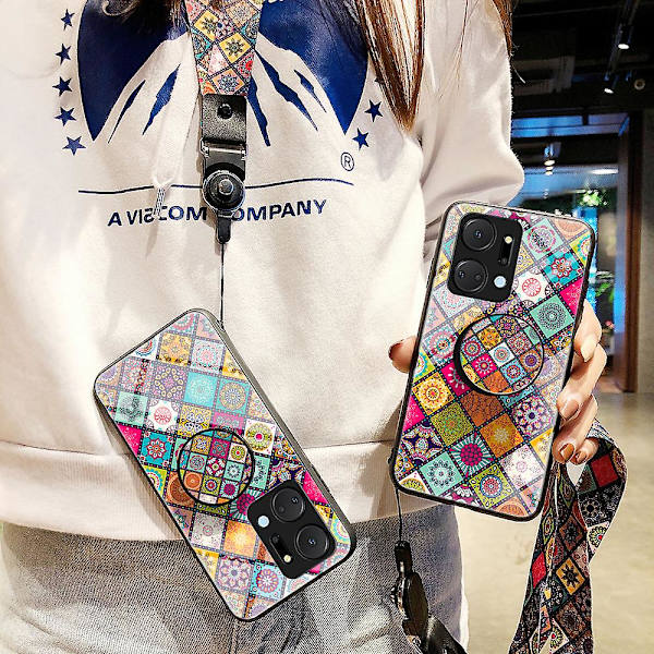 Kukkakuvioinen puhelinkotelo Honor X7a 5g:lle, jalustallinen PC+TPU+karkaistu lasi -puhelinkuori kaulanauhalla Color Pattern
