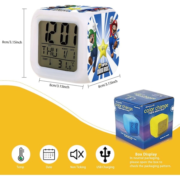 Mario 7 Colors ändrar digital väckarklocka med tid, temperatur, alarm, datum (kartlopp) Star