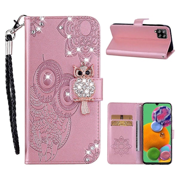 Ugle Prægning Rhinestone Dekoration Læder Telefon Cover til Samsung Galaxy A12 Stand Shell