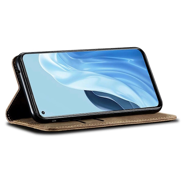 Jeansstoftekstur telefoncover i PU-læder med stativ til Oppo Find X7 5G Multicolor Khaki