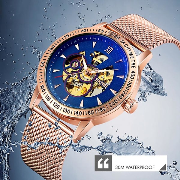 Skmei 9216 Men Sketon Automatic Mechanical Watch Svart Gold Blue