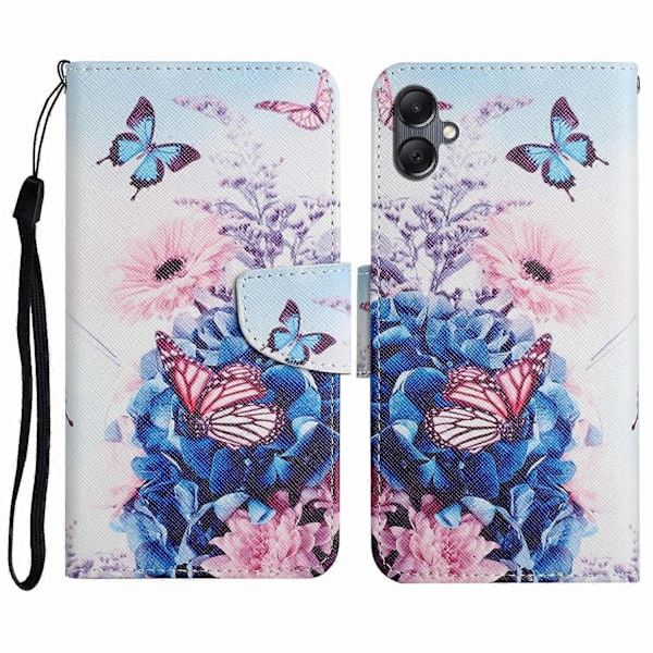 Samsung Galaxy A06 -kotelo, kuvioitu, suojaava nahkainen folio-puhelinkotelo - Voikukka Multicolor Purple Butterfly
