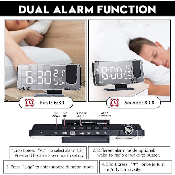 Projektion Digital Vækkeur Til Soveværelser, Radio Vækkeur Med Projektion På Loft, Dobbelte Alarmer, USB Opladerport, Temperatur & Fugtighedsdisplay