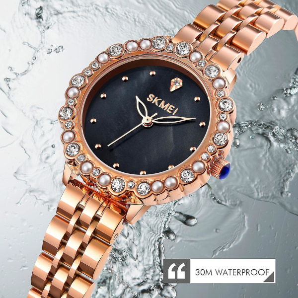 Skmei 1799 Pearl Diamond Round Dial Quartz Watch For Ladies Rose Gold and White Surface