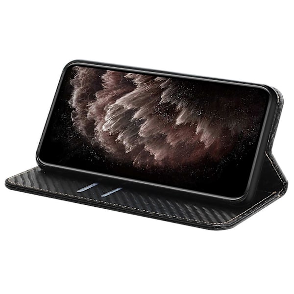 Til iPhone 15 Pro Max Kulfibertekstur PU Læder+TPU Wallet Case Foldbart Stativ Telefon Cover Multicolor Style A