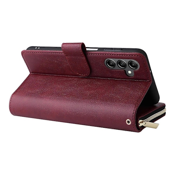Til Samsung Galaxy A15 4G/A15 5G Læder Etui med 9 Kortlommer og Håndledsrem Multicolor Wine Red
