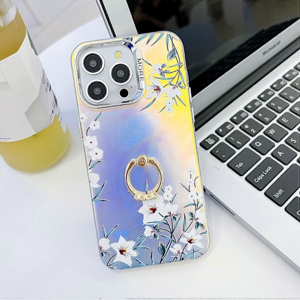 Blommig Lasertextur Skal för iPhone 15 Pro Max med Ringstativ Multicolor Style O