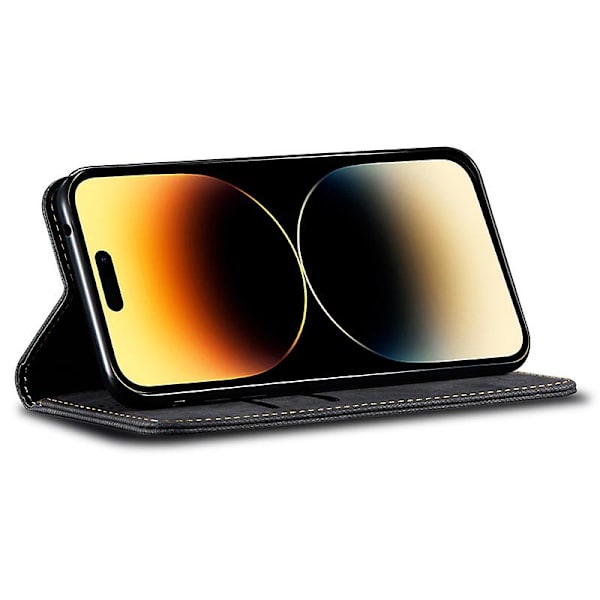 För Iphone 15 Pro Pu Läder Phone case Jeans Tyg Texture Plånboksställ anti-scratch Cover Black
