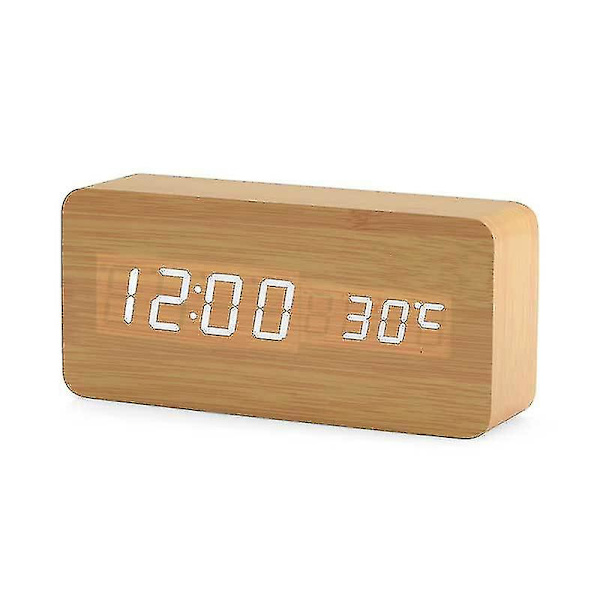 Betterlifefg-digitalklocka av trä - Multifunktions LED-väckarklocka med tid/datum/temperaturdisplay och röststyrning för hemresor, Bamboo Wood Co
