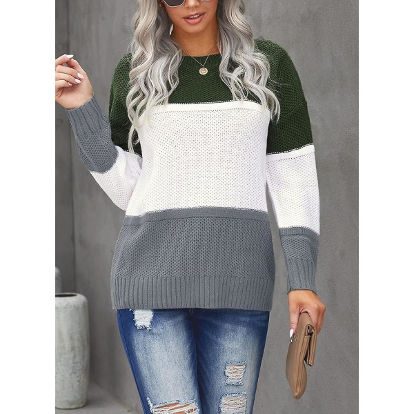 Womens Color Block Tröjor Långärmad Crewneck Pullover Stickade Jumper Toppar D Green X-Large