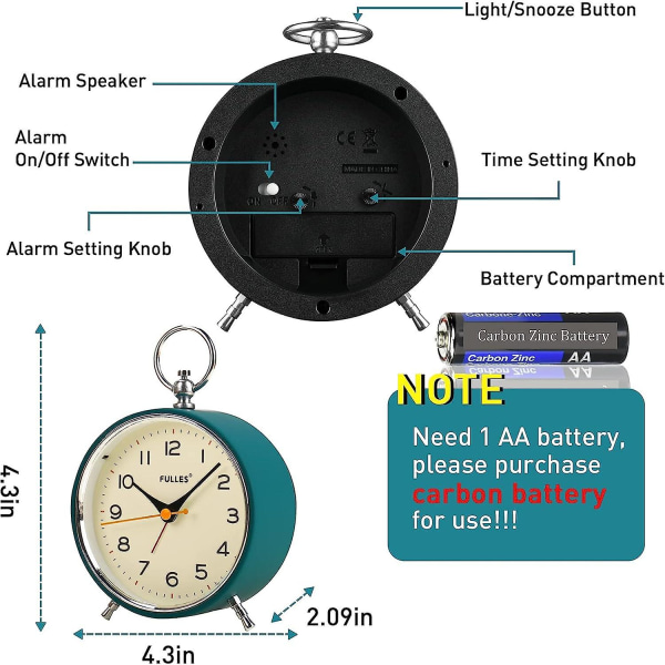 Analog väckarklocka tickar inte med nattljus Snooze-funktion Rund retro väckarklocka Batteridriven klocka för sovrum Vardagsrum för barn