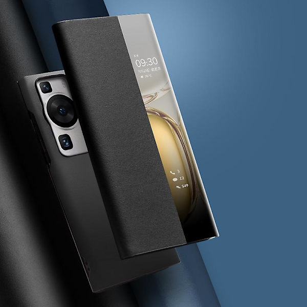 Qialino för Huawei P60 / P60 Pro Phone case i äkta koläder Smart Sleep Wake-up View Window Cover Black