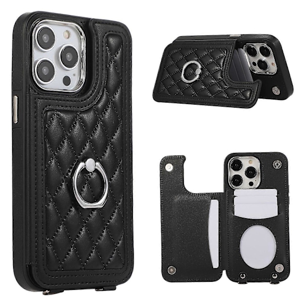 För iPhone 16 Pro Max Skal TPU+PU Läder Telefonskydd med Ringstativ och Axelrem Multicolor Style C