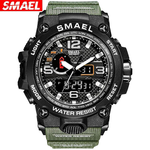 Smael Herre Sportsur 50m Vandtæt Stødsikkert Ur Alarm Dual Display Lysende Quartz Armbåndsur Army Green