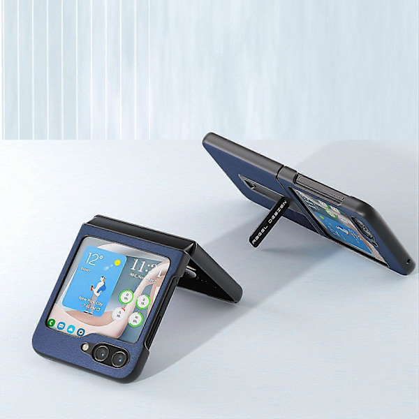 Til Samsung Galaxy Z Flip5 5G Støtteben Nappa Tekstur Etui Ægte Koskindslæder+PC Telefoncover Multicolor Style A