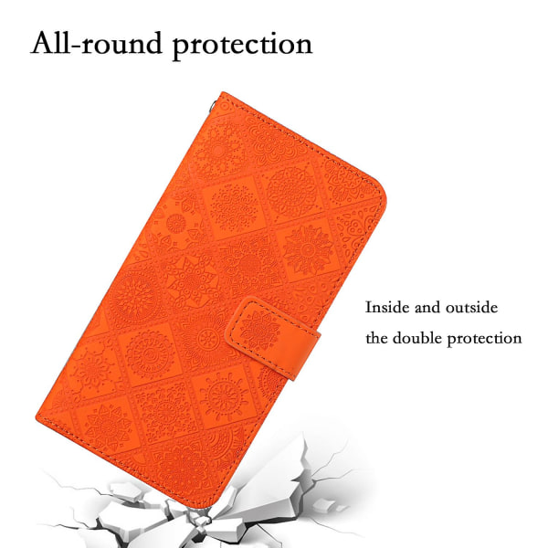 Læder Wallet Case til iPhone 15 Pro, Præget Blomster Folio Flip Stand Telefon Cover Orange