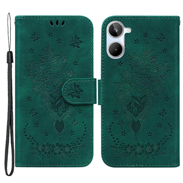 Realme 10 4G PU-nahkakukkaro puhelimen suojus, jossa on painettu ruusu- ja perhoskuvio, jalustallinen puhelinkotelo ja hihna Multicolor Style A